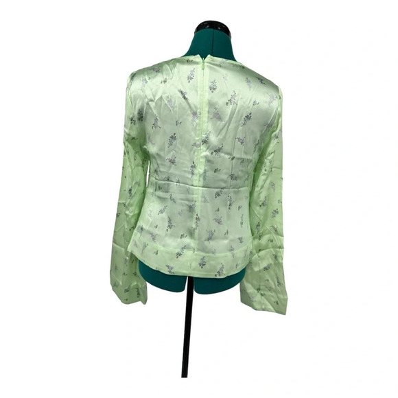 GANNI Cutout Ruched Floral-print Stretch-silk Satin Top In Light Green NWOT - Picture 5 of 9